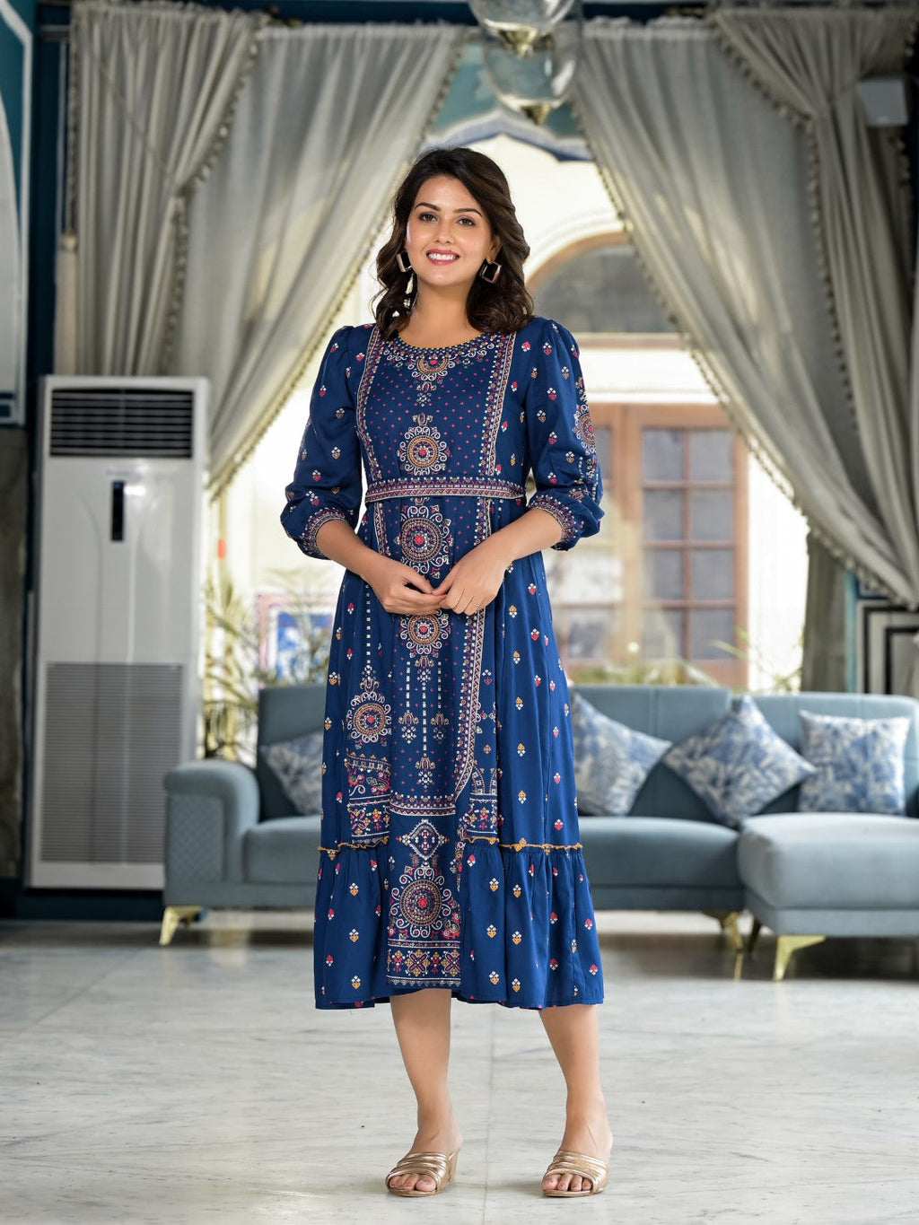 Juniper Women's Blue Ethnic Motif Printed Liva Rayon A-Lined Tiered Dress With Belt