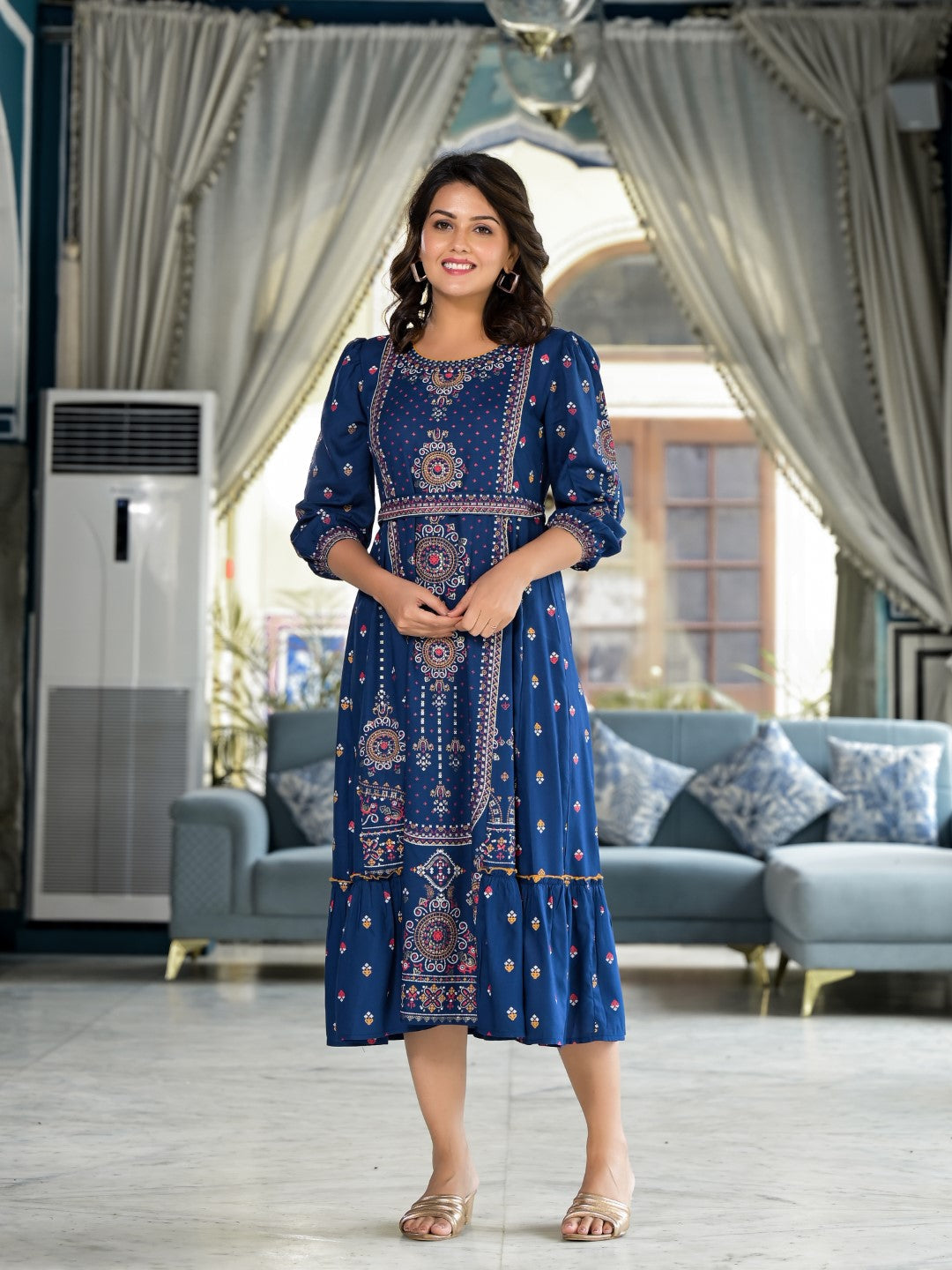 Juniper Women's Blue Ethnic Motif Printed Liva Rayon A-Lined Tiered Dress With Belt