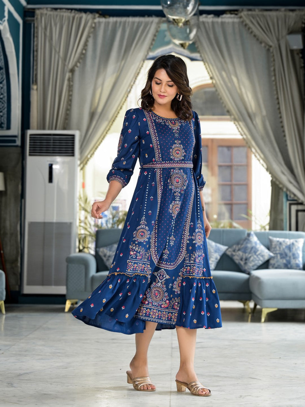 Juniper Women's Blue Ethnic Motif Printed Liva Rayon A-Lined Tiered Dress With Belt