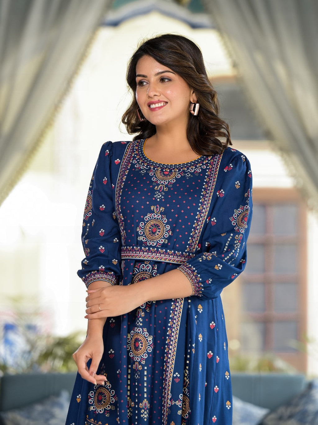 Juniper Women's Blue Ethnic Motif Printed Liva Rayon A-Lined Tiered Dress With Belt