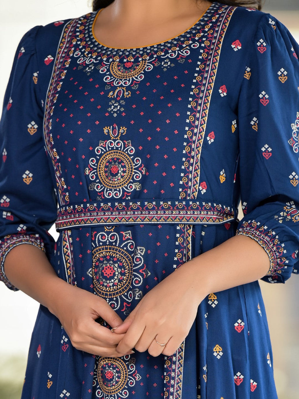 Juniper Women's Blue Ethnic Motif Printed Liva Rayon A-Lined Tiered Dress With Belt