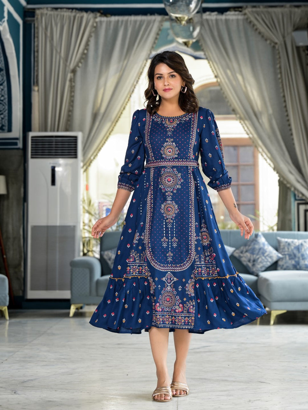 Juniper Women's Blue Ethnic Motif Printed Liva Rayon A-Lined Tiered Dress With Belt