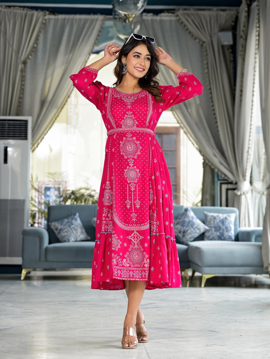 Juniper Fuchsia Ethnic Motif Printed Liva Rayon A-Lined Tiered Dress With Belt