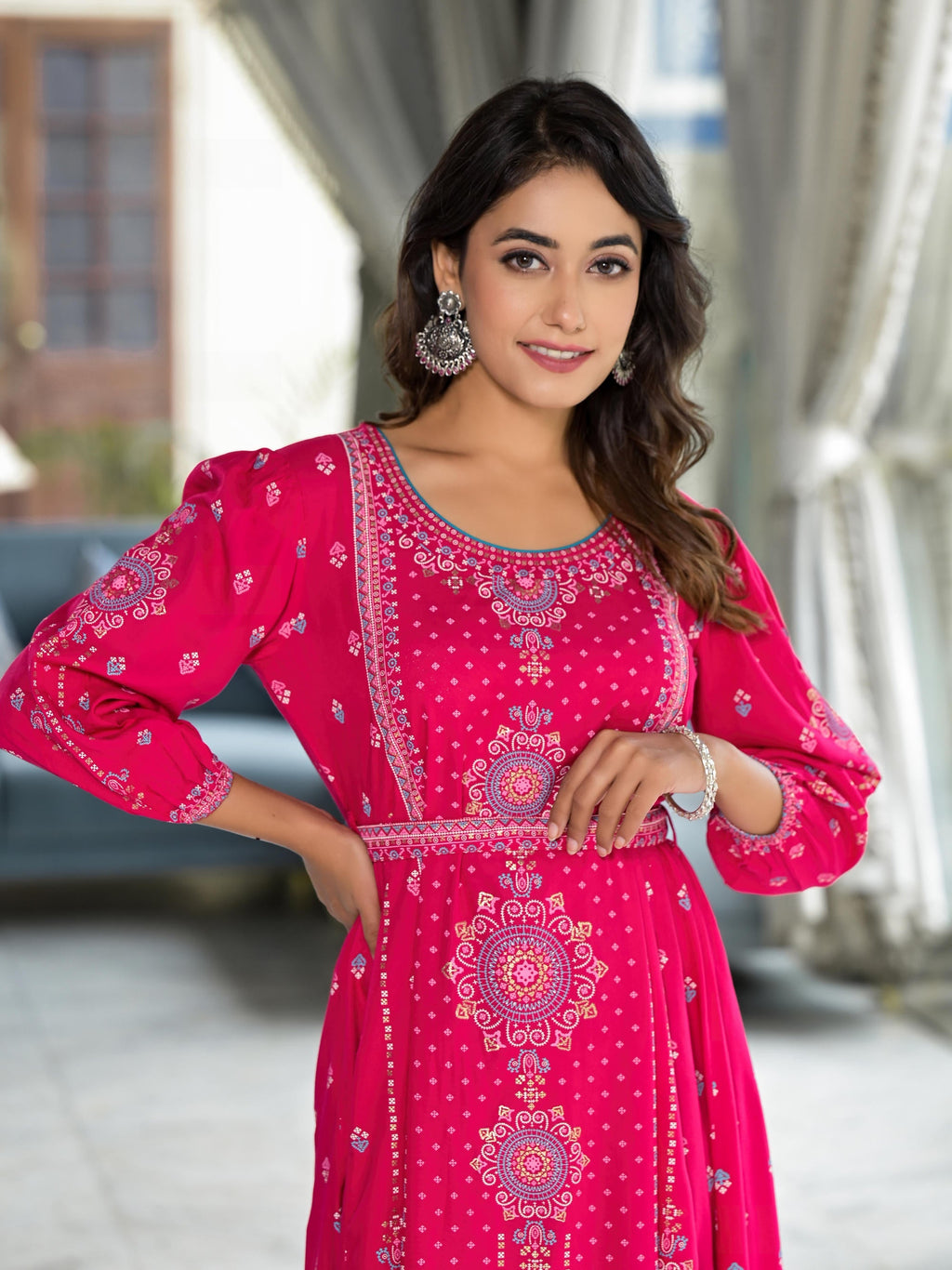 Juniper Fuchsia Ethnic Motif Printed Liva Rayon A-Lined Tiered Dress With Belt