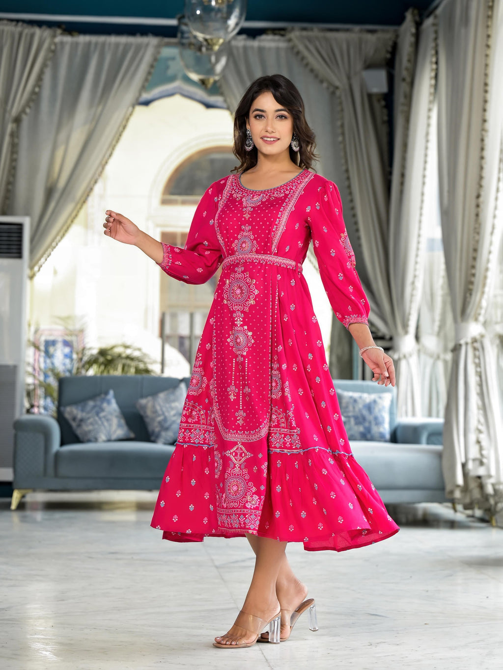 Juniper Fuchsia Ethnic Motif Printed Liva Rayon A-Lined Tiered Dress With Belt