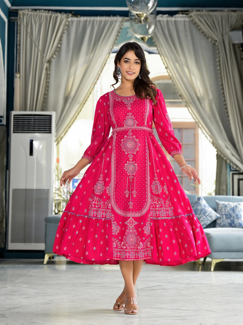 Juniper Fuchsia Ethnic Motif Printed Liva Rayon A-Lined Tiered Dress With Belt