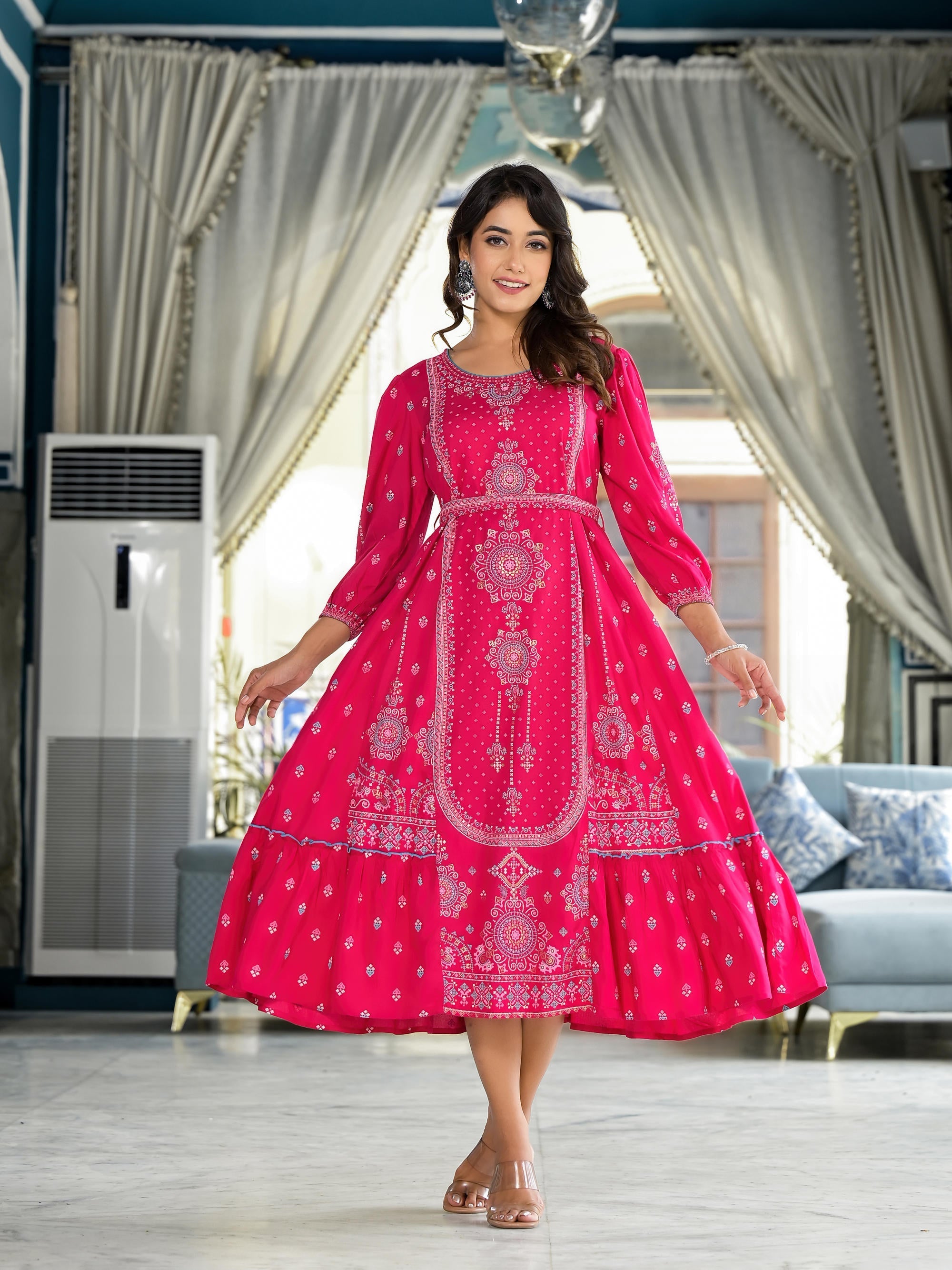 Juniper Fuchsia Ethnic Motif Printed Liva Rayon A-Lined Tiered Dress With Belt
