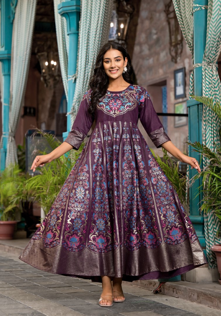 Juniper Women's Plum Ethnic Motif Printed Santoon Dress With Thread & Zari Work