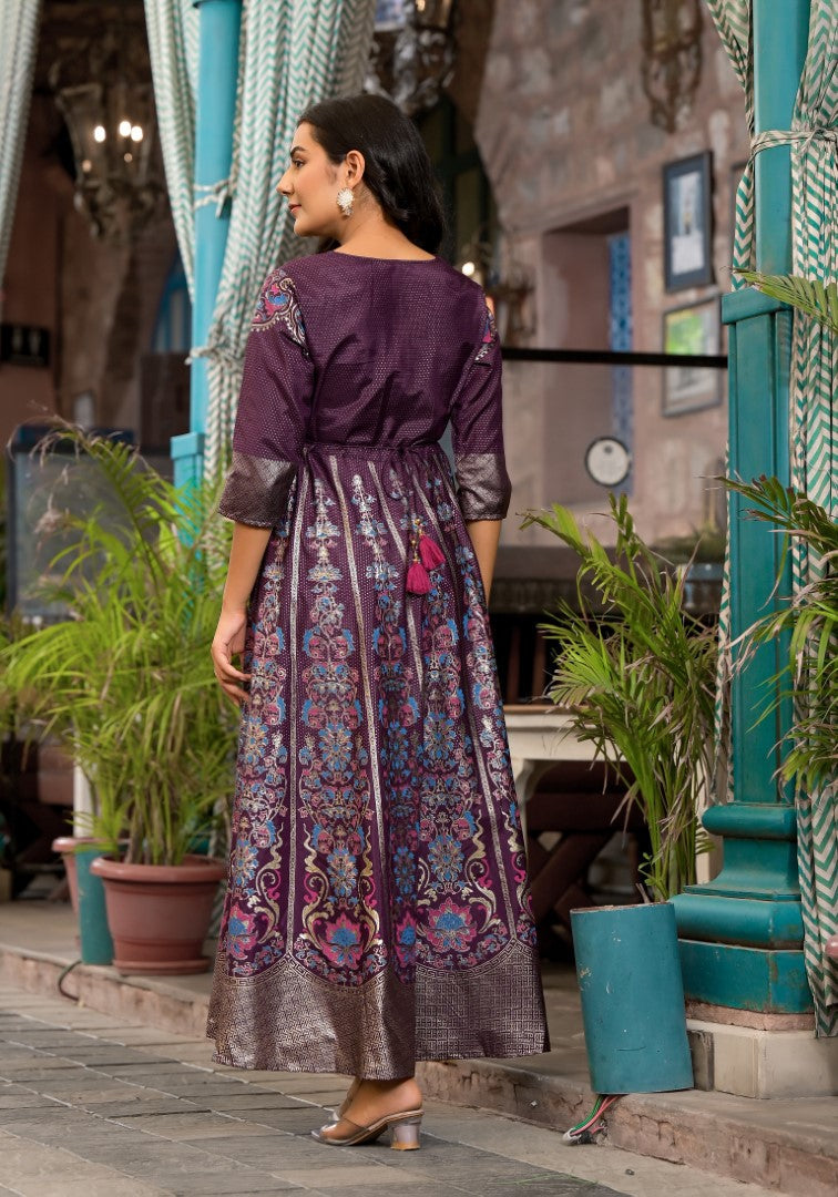 Juniper Women's Plum Ethnic Motif Printed Santoon Dress With Thread & Zari Work