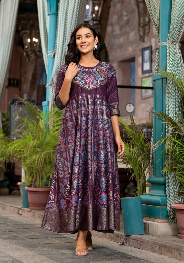 Juniper Women's Plum Ethnic Motif Printed Santoon Dress With Thread & Zari Work