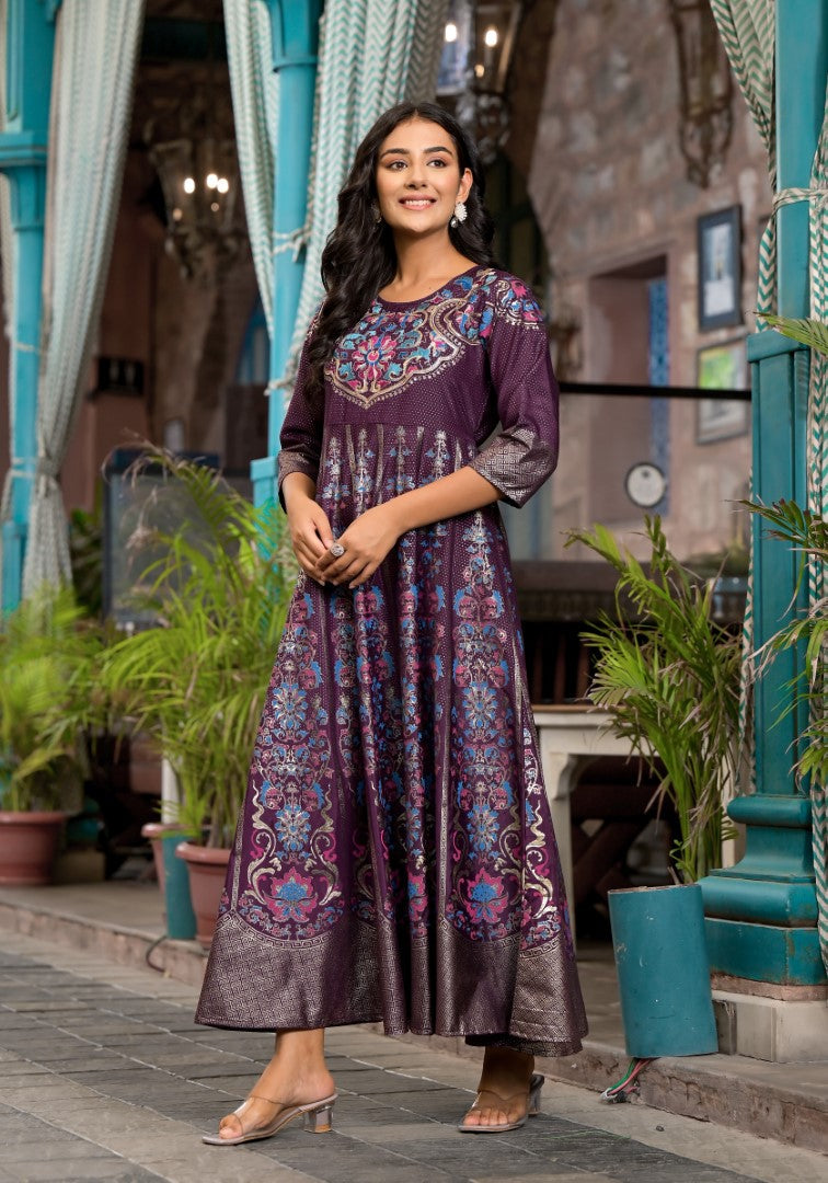 Juniper Women's Plum Ethnic Motif Printed Santoon Dress With Thread & Zari Work