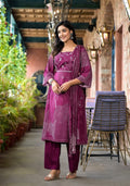 Juniper Women's Wine Abstract Printed Liva Rayon A-Lined Kurta Pant And Dupatta Set With Doris At Waist