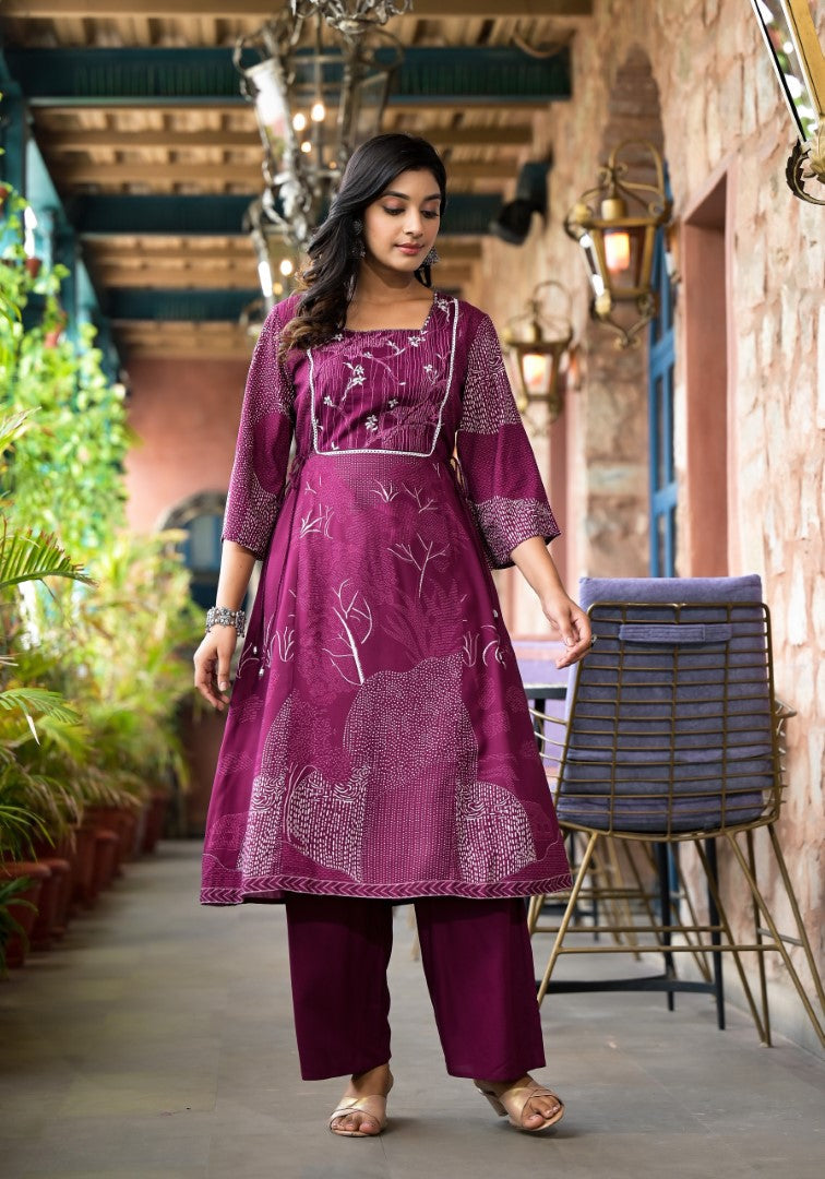 Juniper Women's Wine Abstract Printed Liva Rayon A-Lined Kurta Pant And Dupatta Set With Doris At Waist