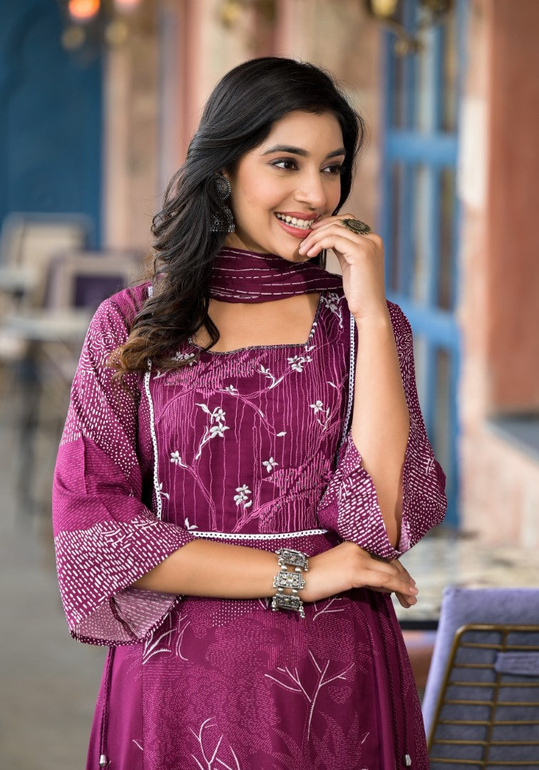 Juniper Women's Wine Abstract Printed Liva Rayon A-Lined Kurta Pant And Dupatta Set With Doris At Waist