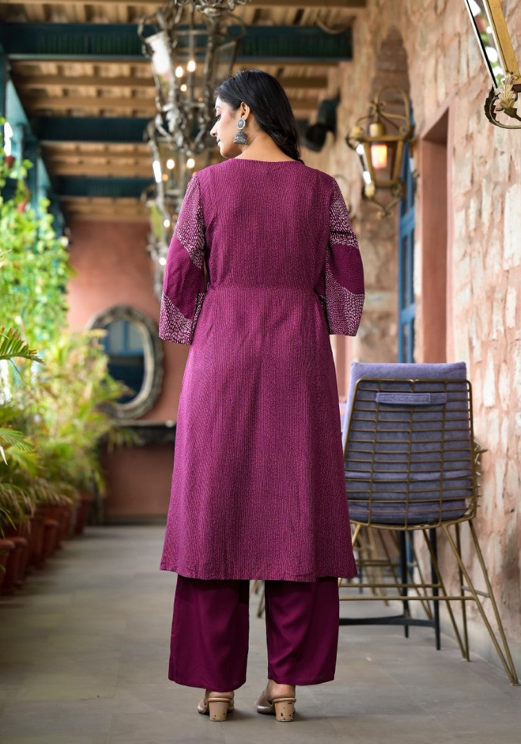 Juniper Women's Wine Abstract Printed Liva Rayon A-Lined Kurta Pant And Dupatta Set With Doris At Waist