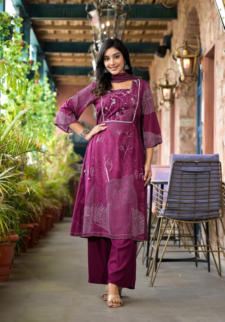 Juniper Women's Wine Abstract Printed Liva Rayon A-Lined Kurta Pant And Dupatta Set With Doris At Waist