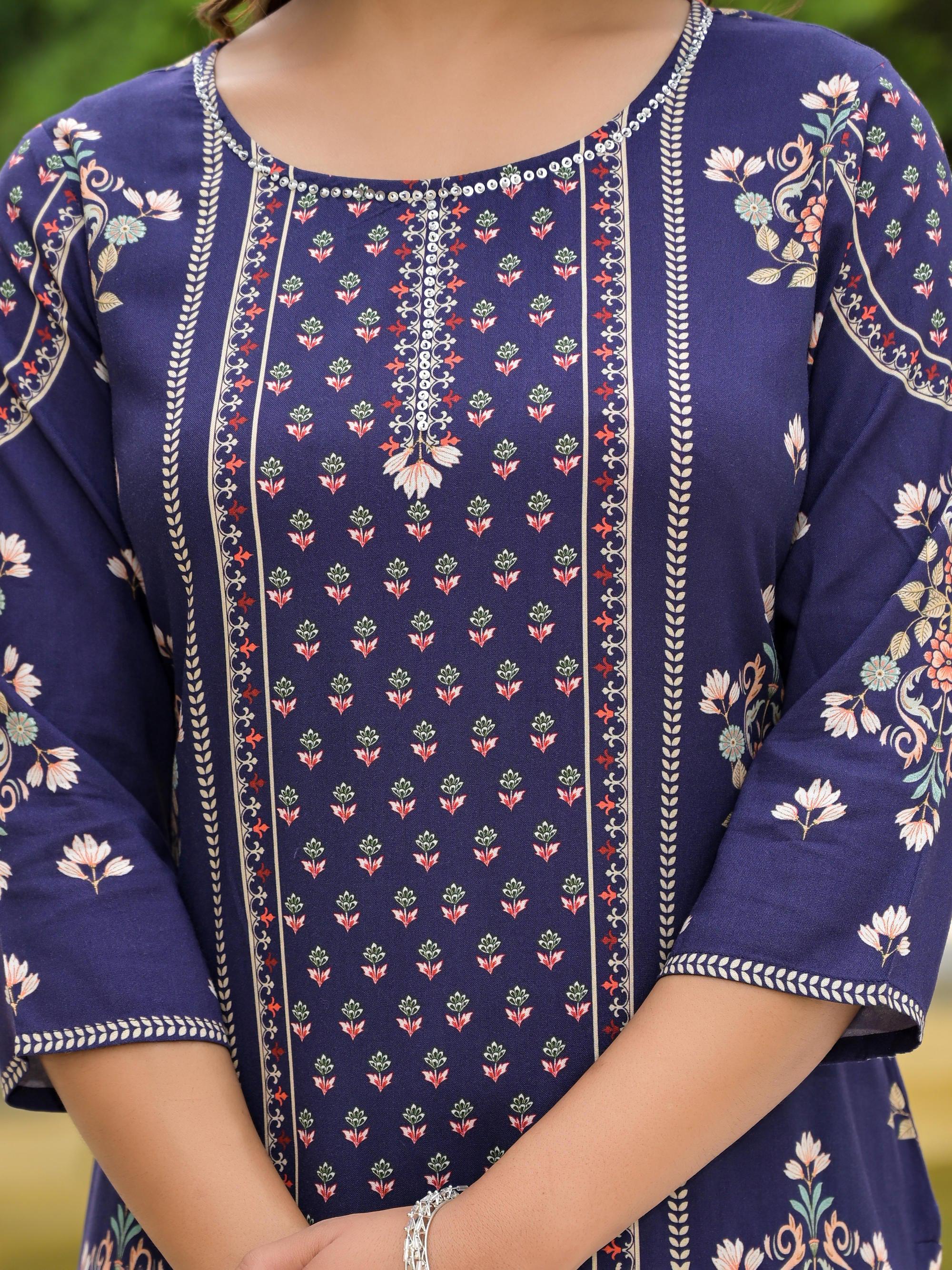 Juniper Women's Blue Viscose Rayon Printed Kurta Set