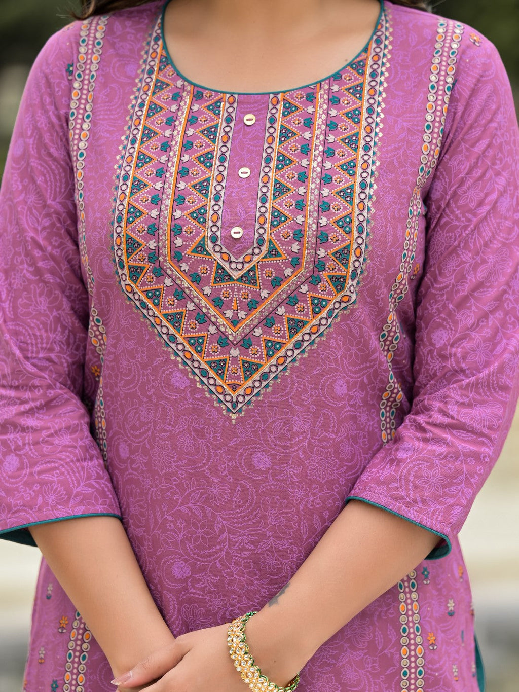 Juniper Women's Lavender Ethnic Motif Printed Liva Rayon Kurta Pant And Dupatta Set With Buttons & Tassels