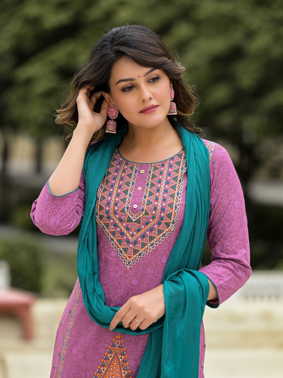 Juniper Women's Lavender Ethnic Motif Printed Liva Rayon Kurta Pant And Dupatta Set With Buttons & Tassels