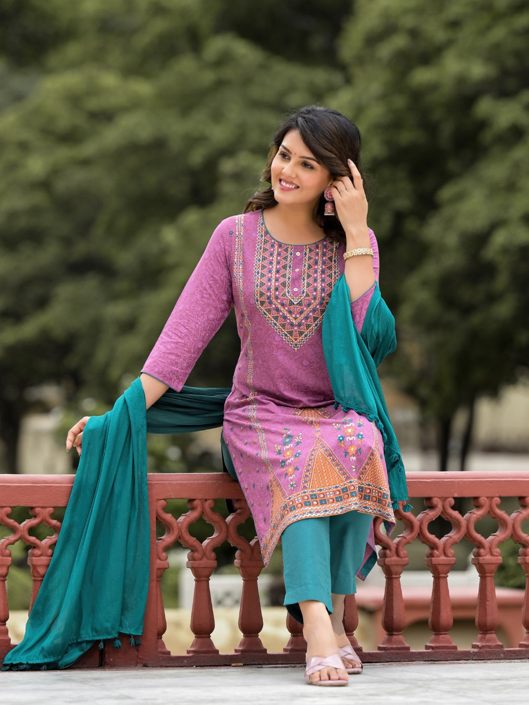 Juniper Women's Lavender Ethnic Motif Printed Liva Rayon Kurta Pant And Dupatta Set With Buttons & Tassels