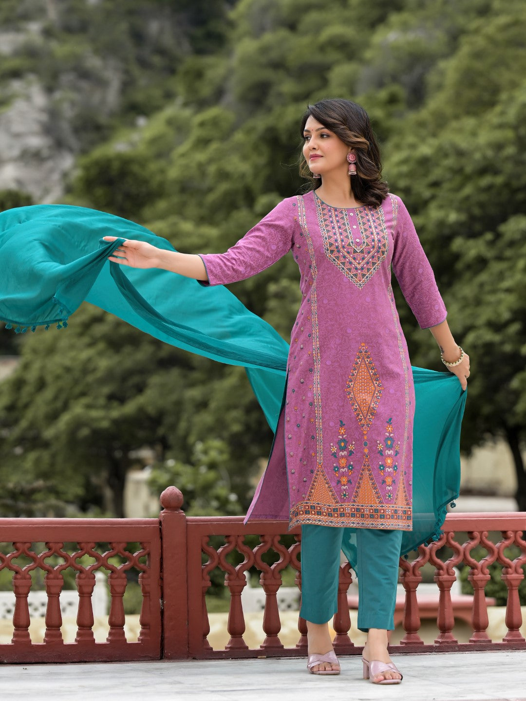 Juniper Women's Lavender Ethnic Motif Printed Liva Rayon Kurta Pant And Dupatta Set With Buttons & Tassels