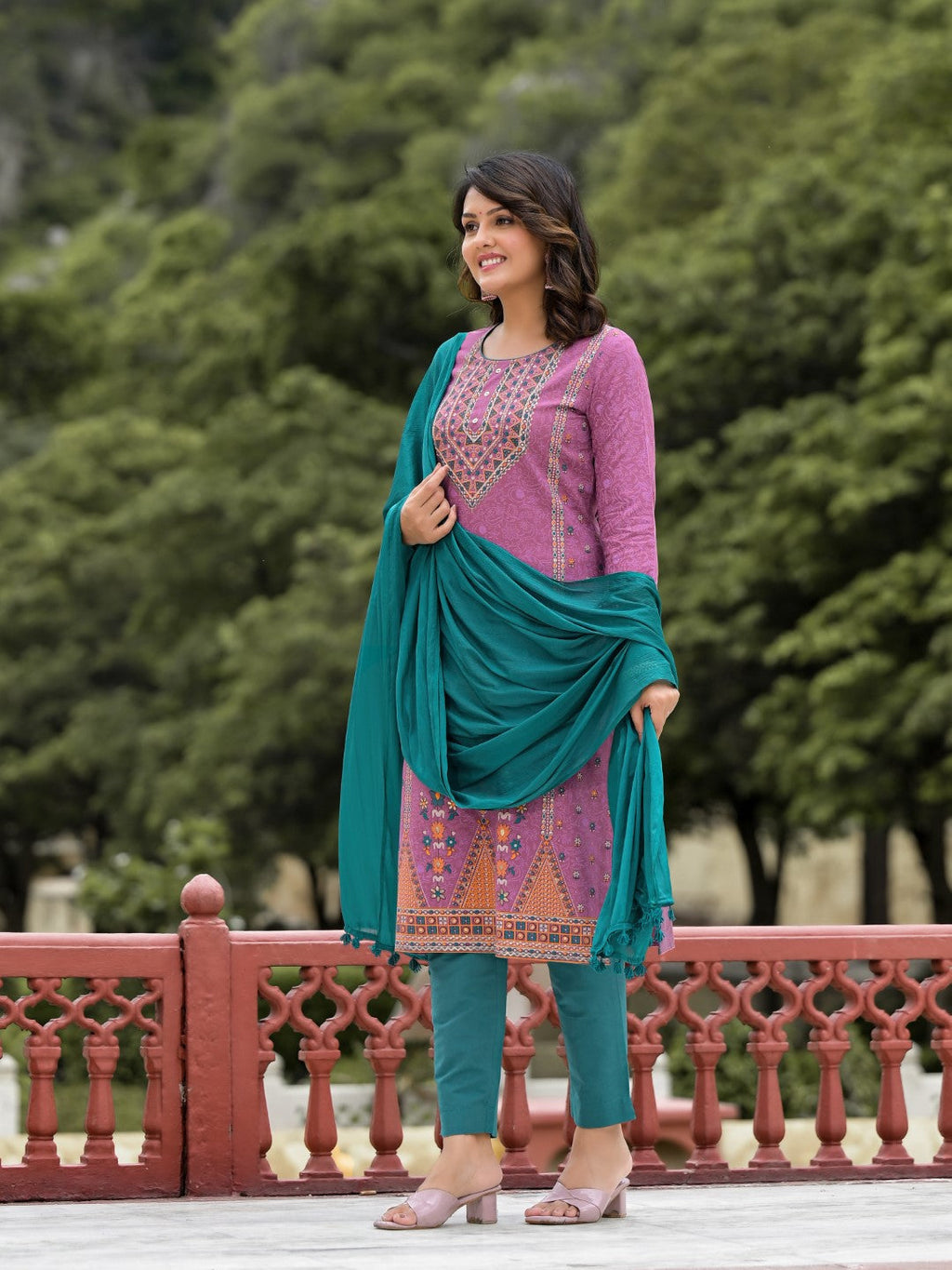 Juniper Women's Lavender Ethnic Motif Printed Liva Rayon Kurta Pant And Dupatta Set With Buttons & Tassels