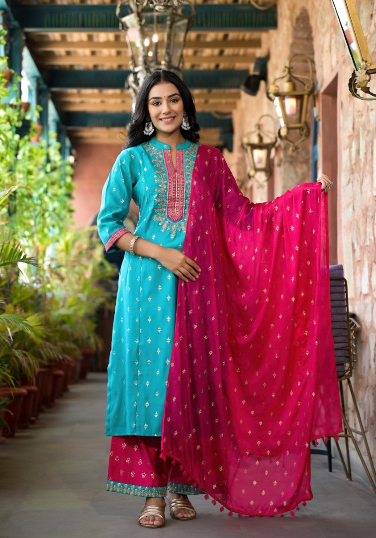 Juniper Women's Turquoise Ethnic Motif Printed Liva Rayon Kurta Pant And Dupatta Set With Zari & Mirror Work