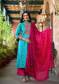 Juniper Women's Turquoise Ethnic Motif Printed Liva Rayon Kurta Pant And Dupatta Set With Zari & Mirror Work