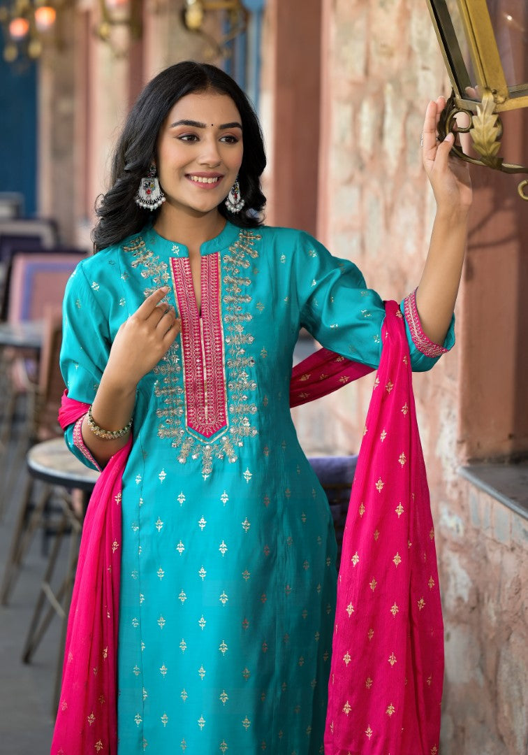Juniper Women's Turquoise Ethnic Motif Printed Liva Rayon Kurta Pant And Dupatta Set With Zari & Mirror Work