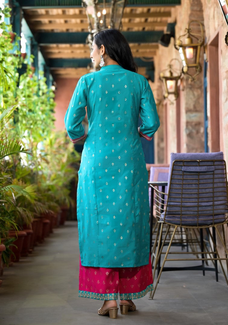 Juniper Women's Turquoise Ethnic Motif Printed Liva Rayon Kurta Pant And Dupatta Set With Zari & Mirror Work