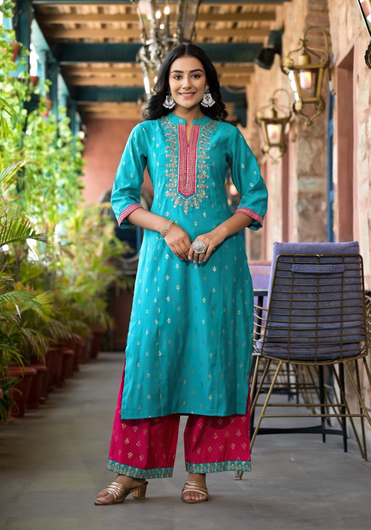 Juniper Women's Turquoise Ethnic Motif Printed Liva Rayon Kurta Pant And Dupatta Set With Zari & Mirror Work