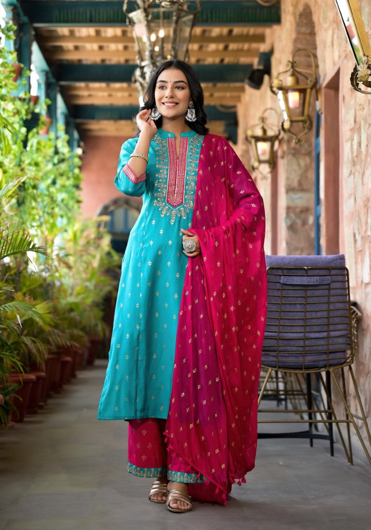 Juniper Women's Turquoise Ethnic Motif Printed Liva Rayon Kurta Pant And Dupatta Set With Zari & Mirror Work