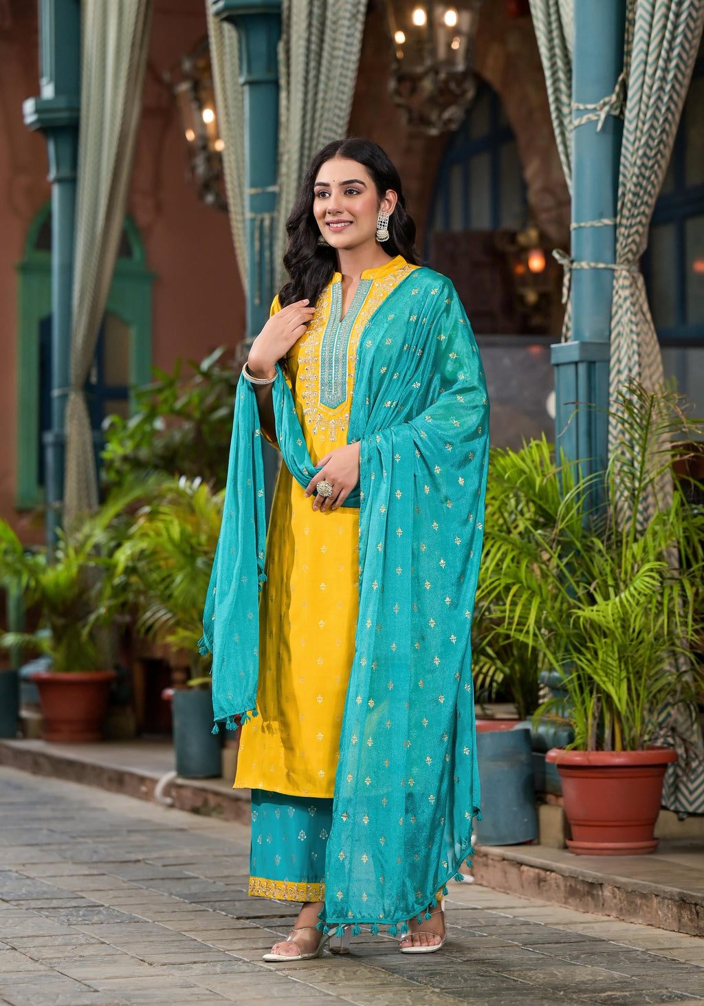 Juniper Women's Yellow Viscose Rayon Embroidered Kurta Set