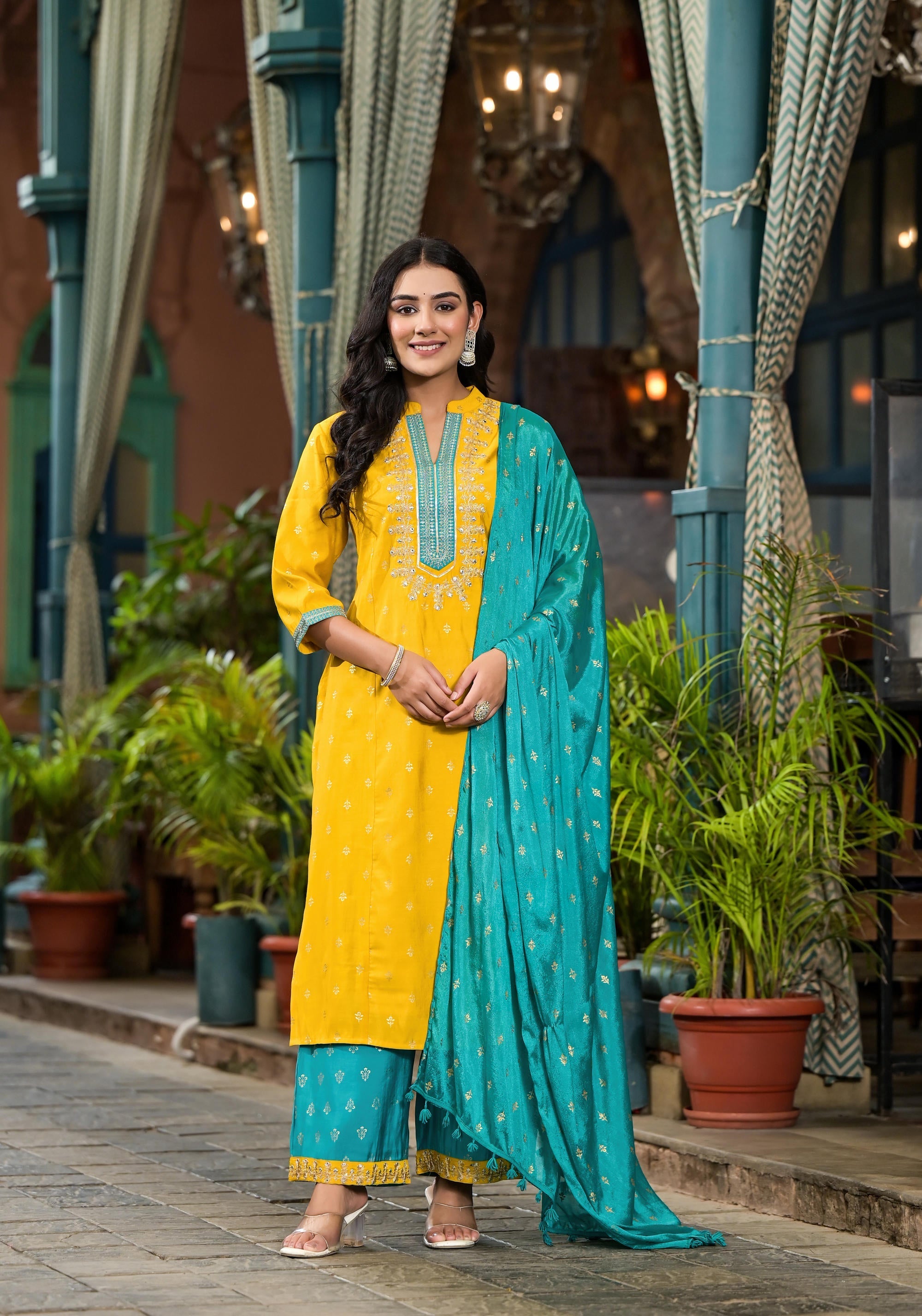 Juniper Women's Yellow Viscose Rayon Embroidered Kurta Set