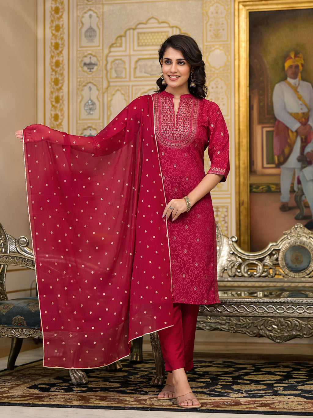 Juniper Women's Women Red Printed Straight Kurta Pants & Dupatta Set