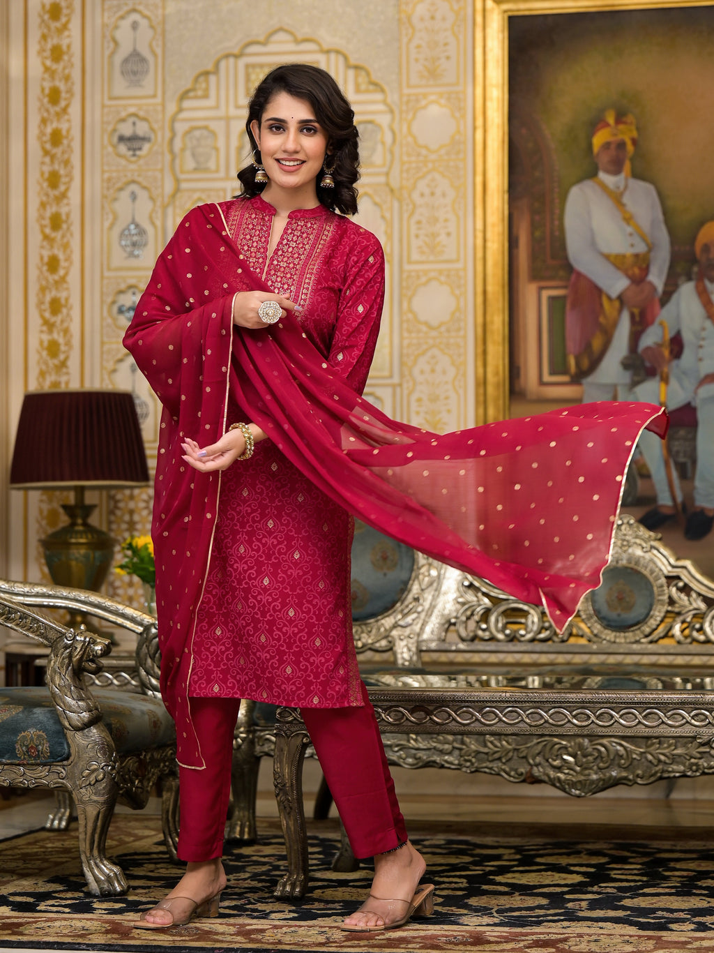 Juniper Women's Women Red Printed Straight Kurta Pants & Dupatta Set
