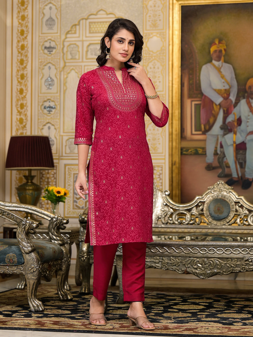 Juniper Women's Women Red Printed Straight Kurta Pants & Dupatta Set
