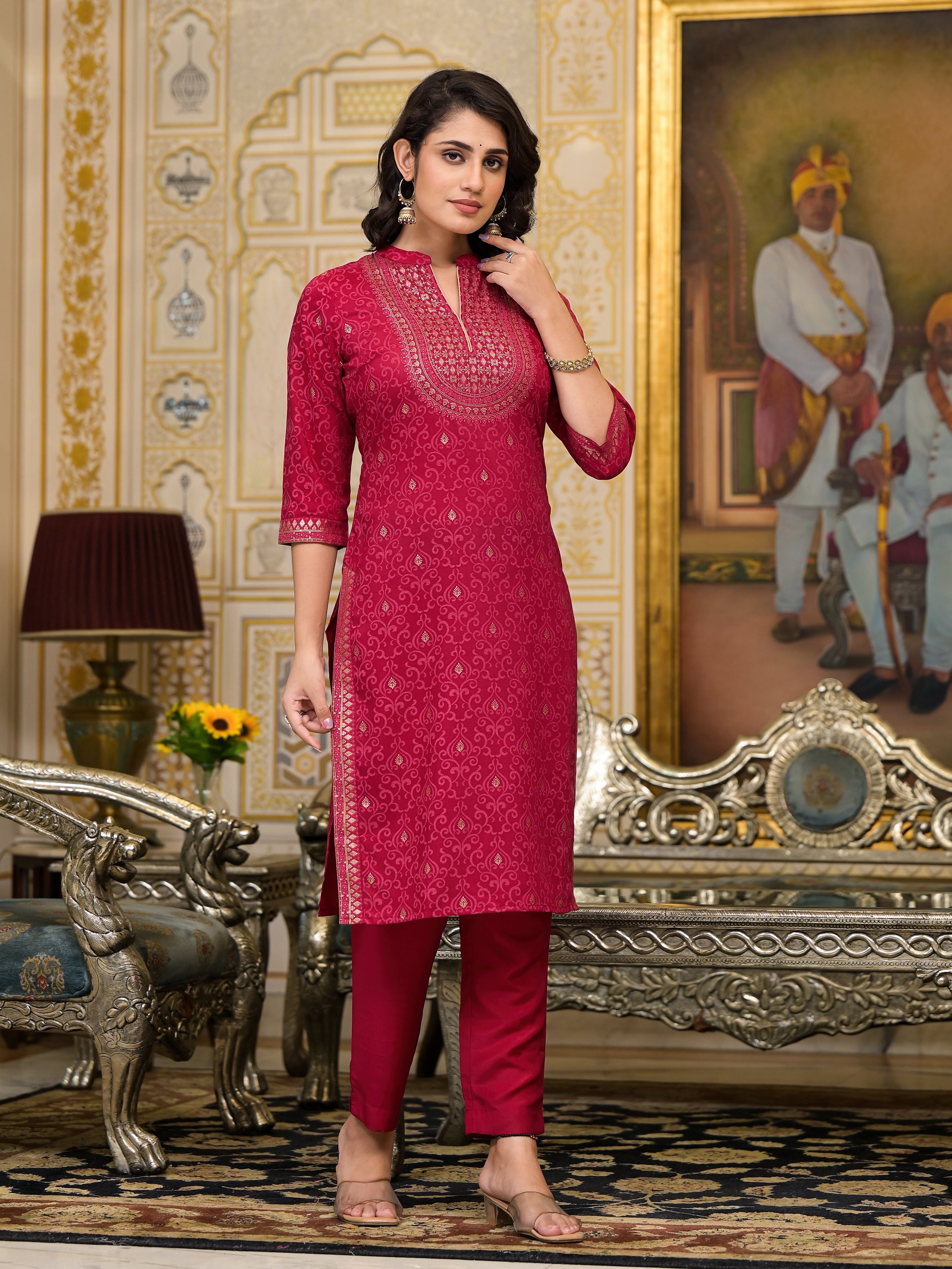 Juniper Women's Women Red Printed Straight Kurta Pants & Dupatta Set