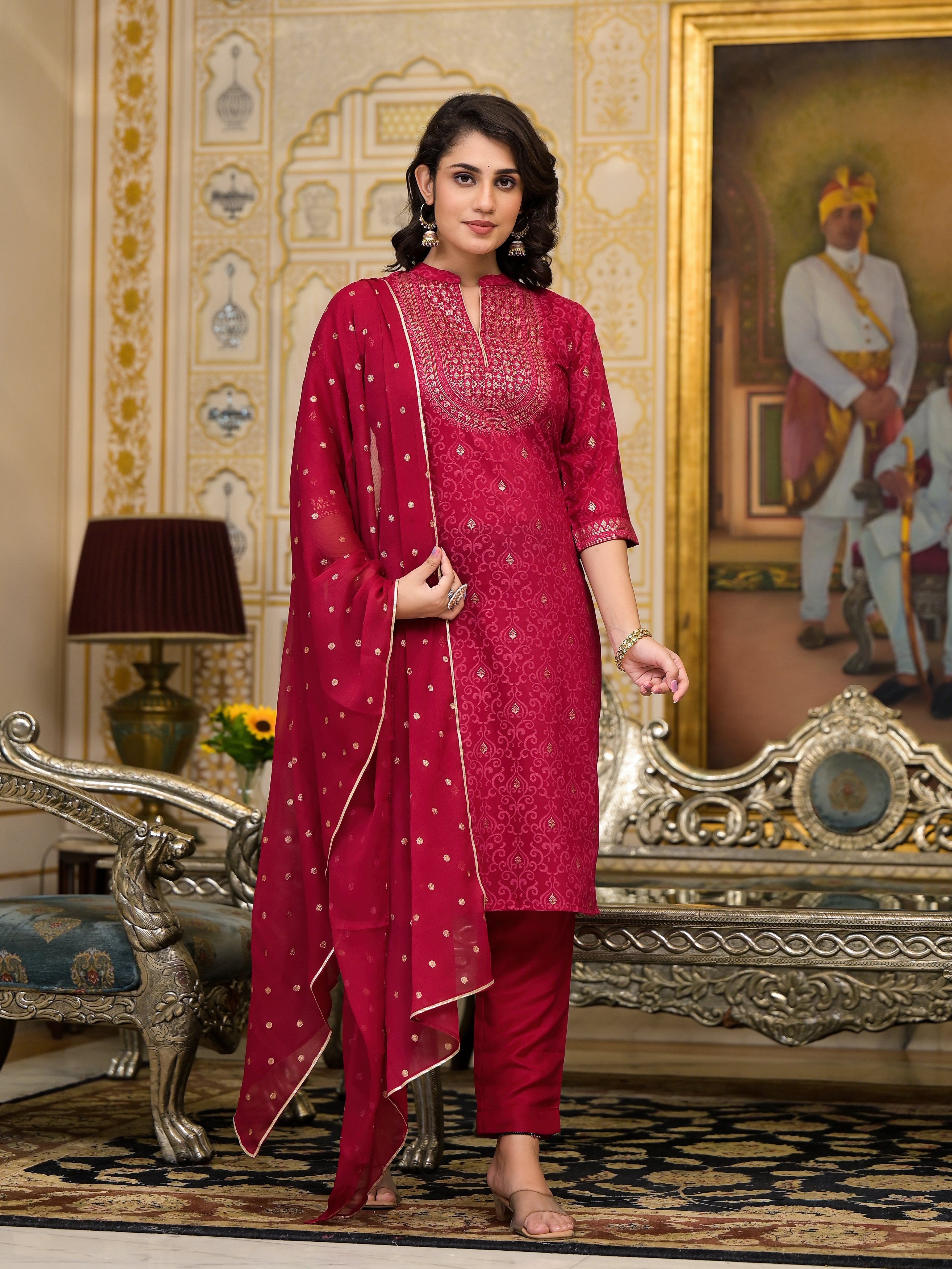 Juniper Women's Women Red Printed Straight Kurta Pants & Dupatta Set