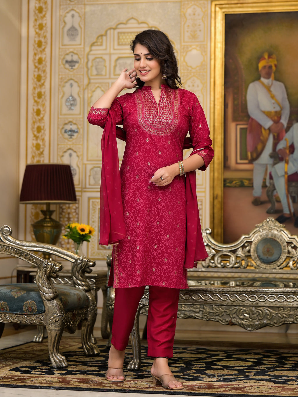 Juniper Women's Women Red Printed Straight Kurta Pants & Dupatta Set