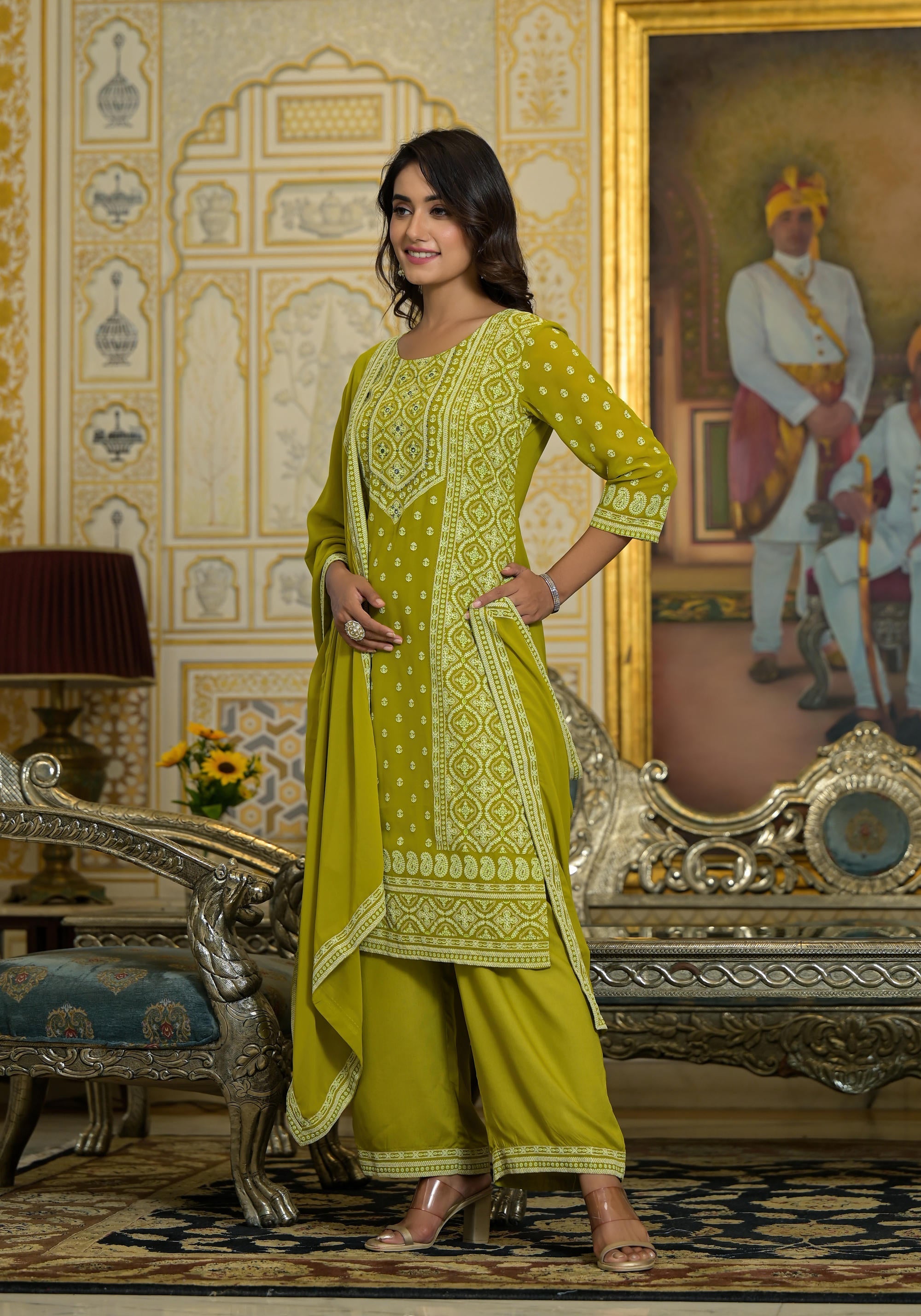 Juniper Women's Green Georgette Embroidered Kurta Set