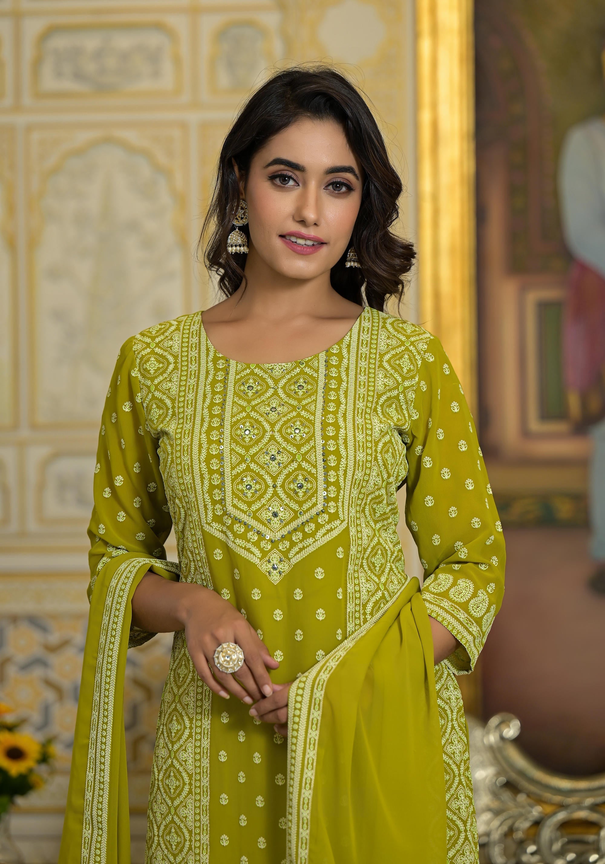 Juniper Women's Green Georgette Embroidered Kurta Set