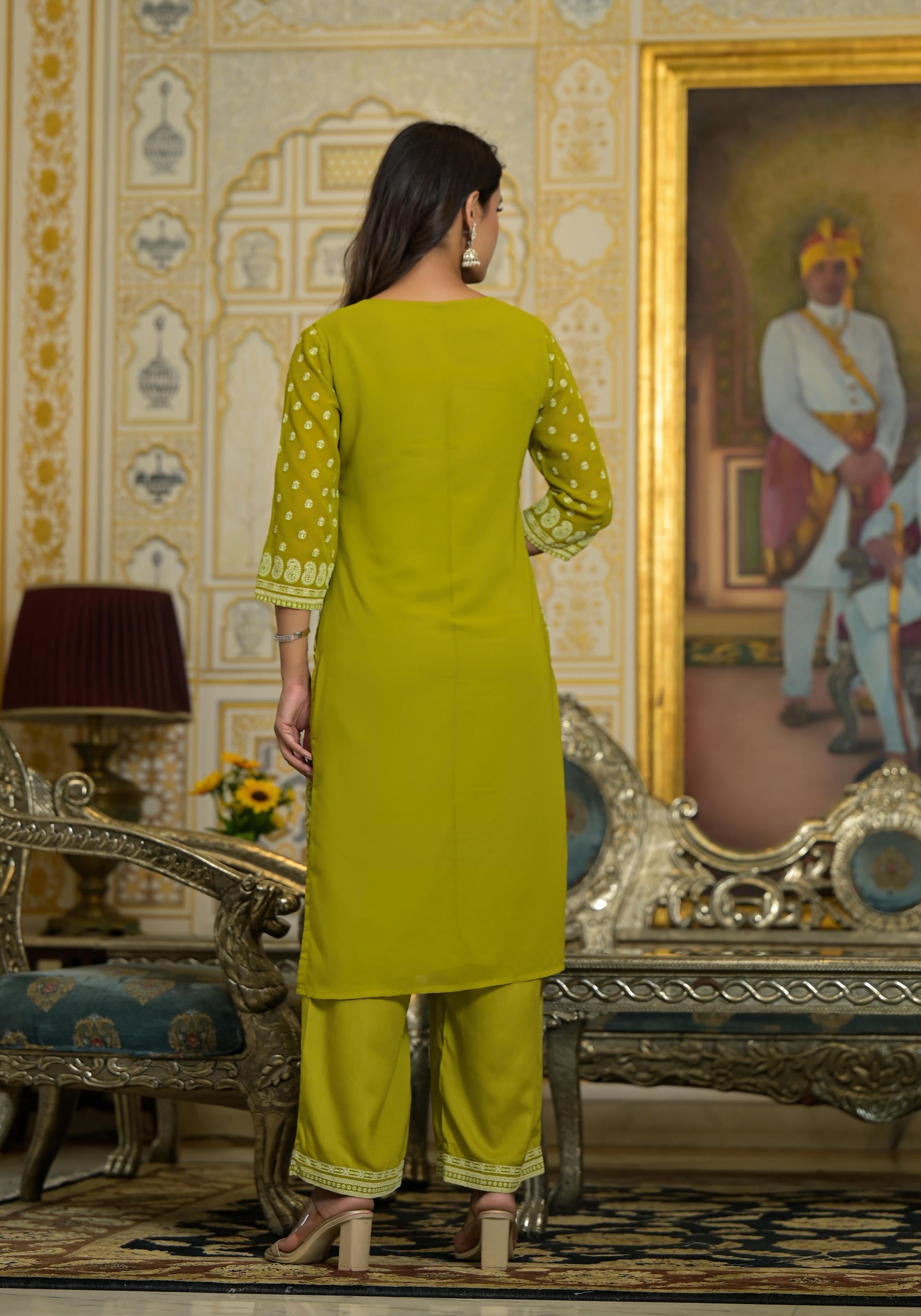 Juniper Women's Green Georgette Embroidered Kurta Set