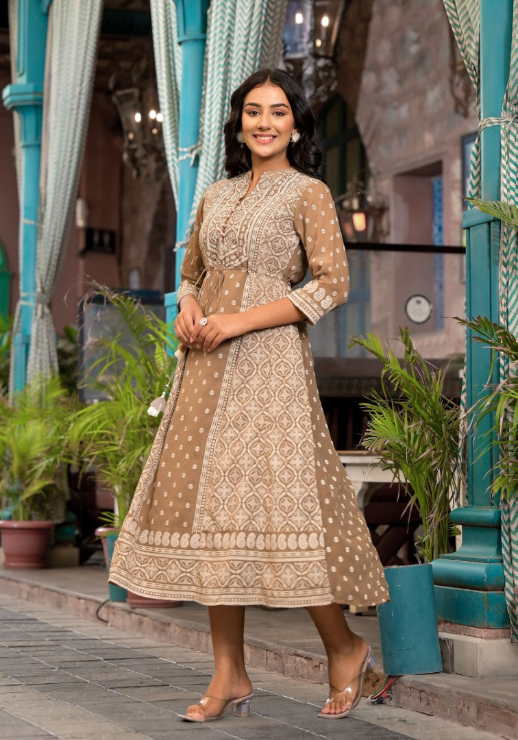 Juniper Women's Brown Ethnic Motif Printed Georgette A-Lined Dress With Sequins & Doris