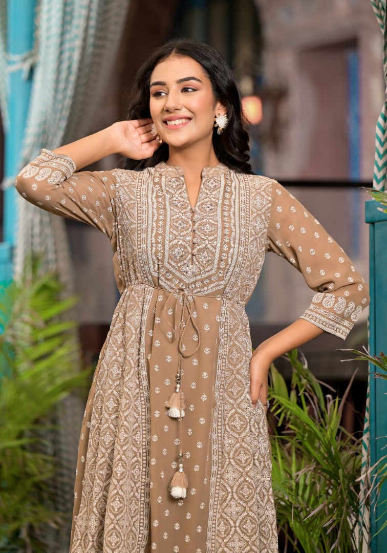 Juniper Women's Brown Ethnic Motif Printed Georgette A-Lined Dress With Sequins & Doris