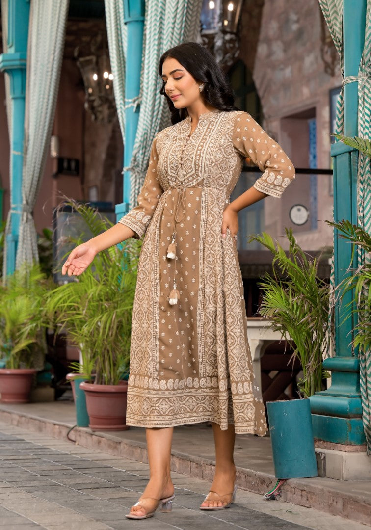 Juniper Women's Brown Ethnic Motif Printed Georgette A-Lined Dress With Sequins & Doris