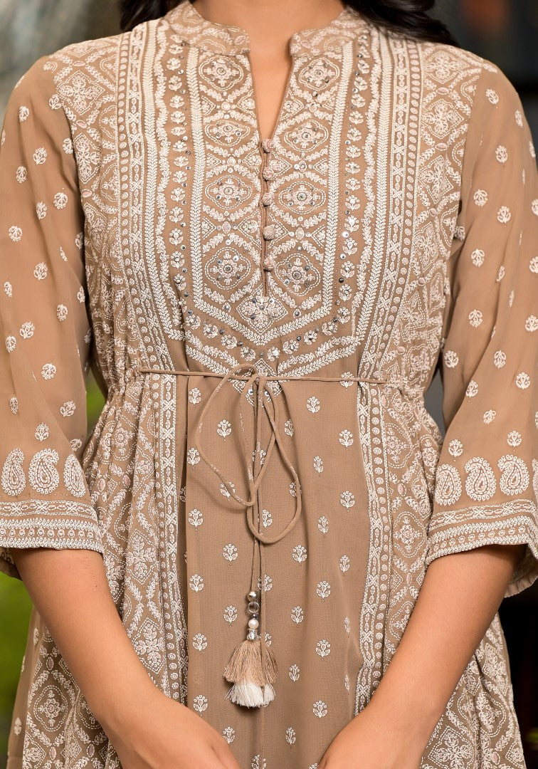 Juniper Women's Brown Ethnic Motif Printed Georgette A-Lined Dress With Sequins & Doris
