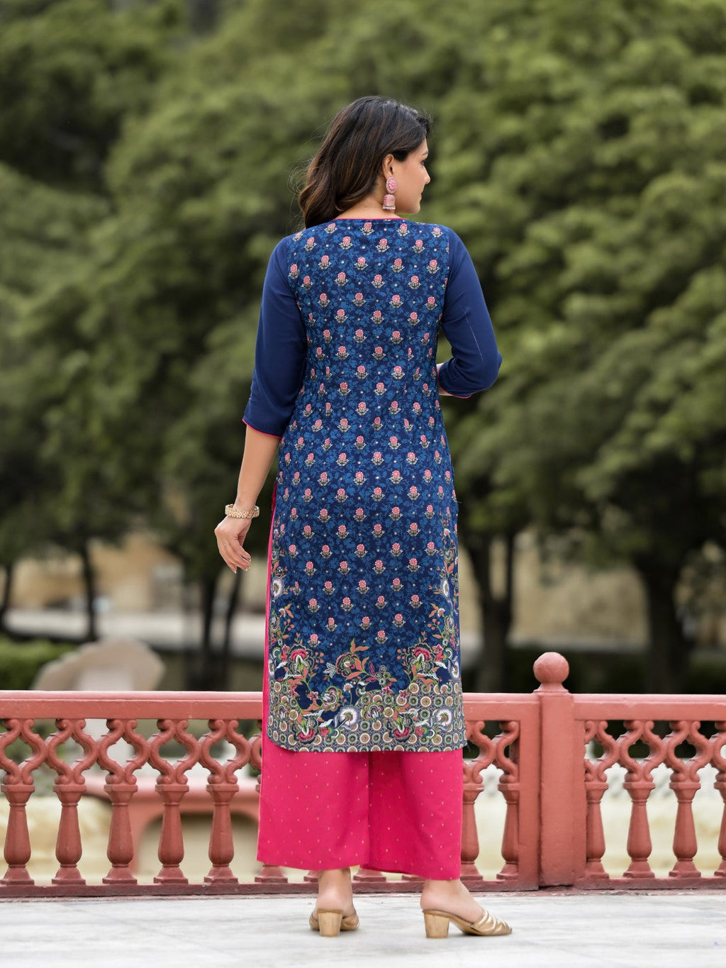Juniper Women's Blue Ethnic Motif Printed Viscose Kurta Pant And Dupatta Set With Sequins Work