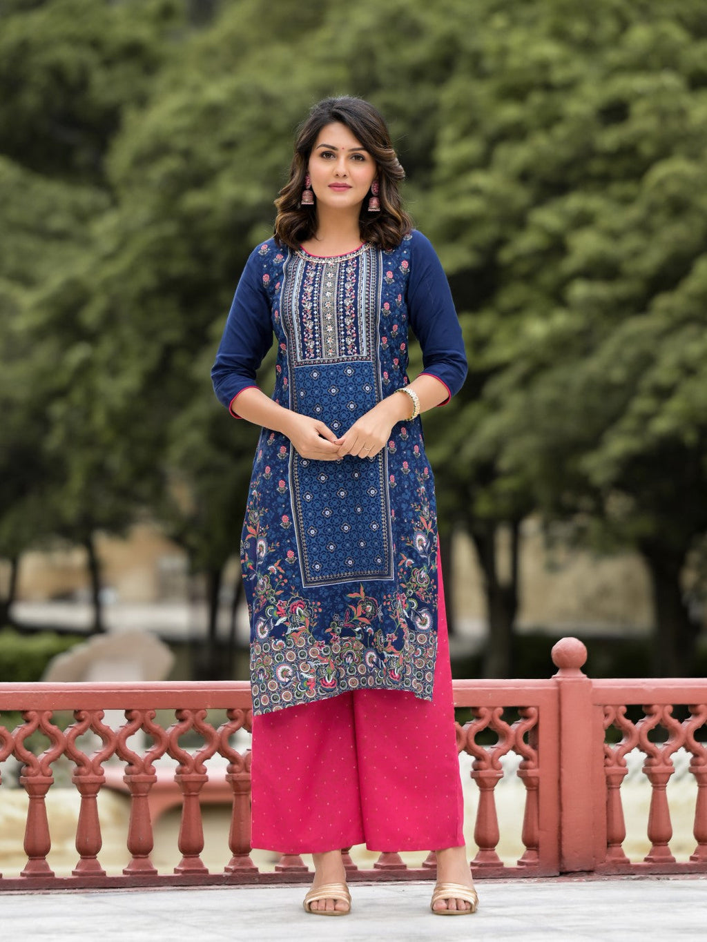 Juniper Women's Blue Ethnic Motif Printed Viscose Kurta Pant And Dupatta Set With Sequins Work