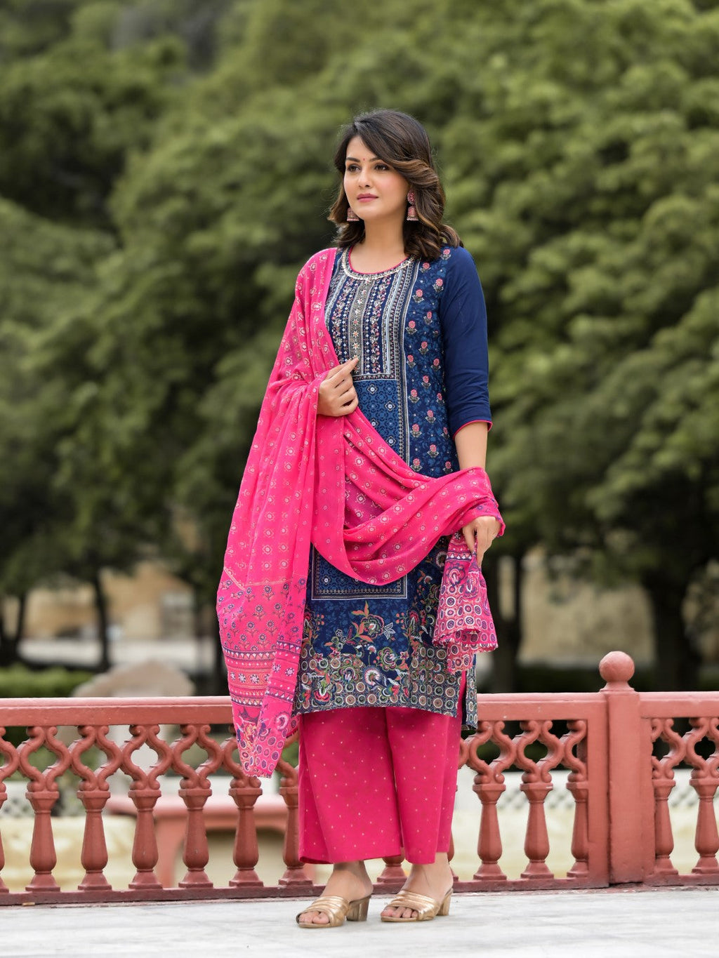 Juniper Women's Blue Ethnic Motif Printed Viscose Kurta Pant And Dupatta Set With Sequins Work